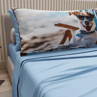 PETTI Artigiani Italiani - Bettwäsche Tiere mit Hunden aus Baumwolle mit Kissenbezügen mit Digitaldruck, Bettlaken für Einzelbett, hellblau, 100% Made in Italy