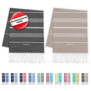 LeStoff 2er-Set Hamamtuch 95 x 180 cm - 100% Bio-Baumwolle, Vorgewaschen, Nachhaltig, Saugstark & Schnelltrocknend, Reisehandtuch, Campinghandtuch, Badetuch, Saunatuch, Strandtuch (Anthracite + Beige)