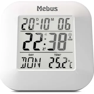 Mebus digitaler Funkwecker mit Thermometer, Datumsanzeige und Beleuchtung, Snooze-Funktion, Material: Kunststoff, Farbe: Weiß, Modell: 51511 - Weiß