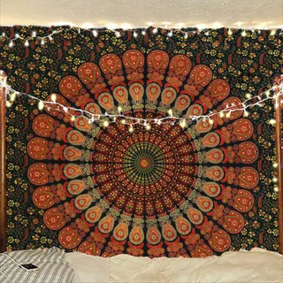 Bless International Indischer Hippie Bohemian Psychedelic Peacock Mandala Wandbehang Bettwäsche Tapisserieoth (Golden Green, Medium(54x60Inches)(137x152cms))