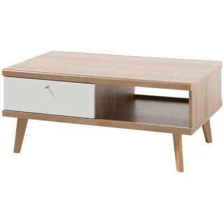 Furn.Design Couchtisch weiß Eiche Riviera, Beistelltisch skandinavisch mit Schubkasten 107 x cm , Weiß, Eichefarben , Holzwerkstoff , Nachbildung,Eiche , Uni , konisch , 67x46x107 cm , Wohnzimmer, Wohnzimmertische, Couchtische