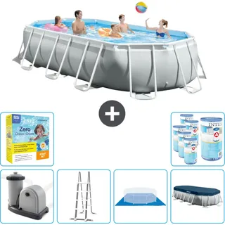 Intex Oval Prism Frame Swimmingpool – 503 x 274 x 122 cm – Grau – inklusive Pumpe – Leiter – Bodenplane – Abdeckung Wartungspaket - Filter