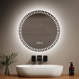 EMKE Runder Badezimmerspiegel mit LED-Hintergrundbeleuchtung, Durchmesser 60 cm, mit Anti-Beschlag + Touch-Schalter + 3 Lichtfarben variabel, runder Spiegel, modern, Badezimmerspiegel