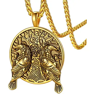 FaithHeart goldener Viking Stil Raven Anhänger mti Lebensbaum für Herren Männer Nordischer Wikinger doppelt Raven Halskette mit Geschenkebox für Weihnachten Geburtstag