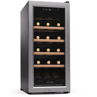 Klarstein Weinkühlschrank,1 Zone Getränkekühlschrank, Leiser Indoor/Outdoor Kühlschrank, 50 Liter Flaschenkühlschrank Klein, Weinschrank für Getränke, Weinkühler für 18 Flaschen, 5-18°C - Silber