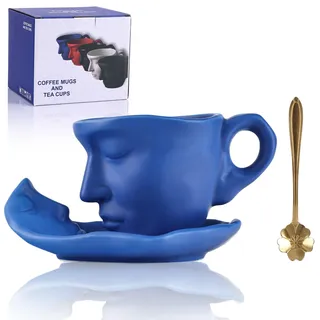 oliruim blau Teetasse und Untertasse Set Keramik Küssendes Paar Kaffeetasse Set mit Löffel Gesicht Kaffeetasse Einzigartige Teetasse und Untertasse Valentinstag Weihnachten Kreatives Geschenk(blau)
