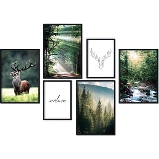 Premium Poster Set | Deko Bilder Wohnzimmer Modern | Schlafzimmer Bild für die Wand | (Wald Hirsch, A4 | A5)