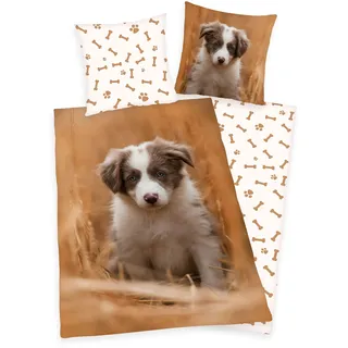 Klaus Herding GmbH Bettwäsche Set mit Hund Welpe135 x 200 cm 80 x 80 cm 100% Baumwolle