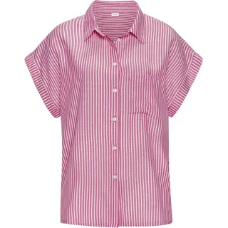 Hemdbluse LASCANA, Damen, Gr. 32/34, weiß (pink, weiß gestreift), Web, Obermaterial: 58% Viskose, 28% Baumwolle, 14% Leinen, gestreift, figurumspielend hüftlang, V-Ausschnitt, mit Umschlag, Blusen Hemdbluse, aus Leinenmix mit Knopfleiste, Leinenbluse, Kurzarmbluse