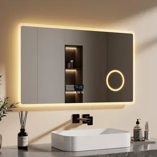 EMKE Badspiegel mit Beleuchtung 60 x 100 cm, Kabelloser Lautsprecher | Badezimmerspiegel mit 3 Lichtfarben dimmbar, Touchschalter, Uhr, 3-fach Kosmetikspiegel, IP65-Schutz, Beschlagfre Wandspiegel