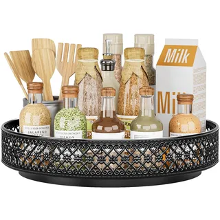 EKNITEY Lazy Susan Drehteller Organizer – 33 cm drehbares Gewürzregal, Metall, Gewürzaufbewahrung für Schrank, Speisekammer, Küche, Blumenmuster, Schwarz