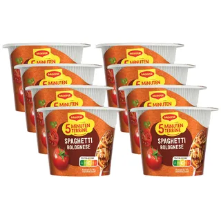 MAGGI 5 Minuten Terrine Spaghetti Bolognese, 8er Pack (8 x 60g) | Leckeres Fertiggericht mit Instant Nudeln, Pasta-Snack in würziger Tomatensauce
