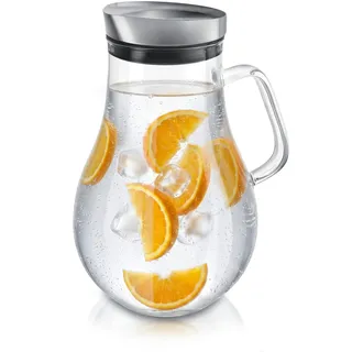 Arendo - Glaskaraffe 2000 ml, Karaffe aus Glas mit Deckel 2 L, Wasserkaraffe mit Edelstahldeckel und integriertem Grobfilter, Borosilikatglas, Haltegriff, Temperaturbereich –20 °C bis +150 °C