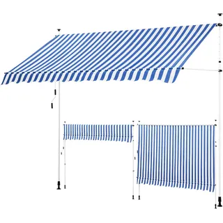Yaheetech Klemmmarkise 300cm Breit, Balkonmarkise mit Handkurbel ohne Bohren, UV-beständig & Höhenverstellbar (210-300cm) Markise, Wasserabweisend & Sonnenschutz Markise Balkon, Blau-Weiß