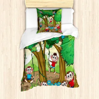 ABAKUHAUS Kindergarten Bettbezug Set, Kinderkinderaffen-Affen, die im exotischen Wald mit großen Bäumen und Daisy Blooms spielen, 135 x 200 cm + 80 x 80 cm, Mehrfarbig