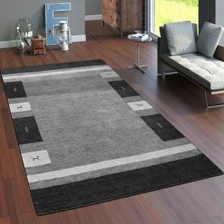 Teppich Wohnzimmer Kurzflor Ethno Design Geometrisch Handgearbeitet Gabbeh Grösse 80x150 cm - Grau