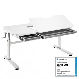 HOKO Kinderschreibtisch höhenverstellbar, 120x60 cm Schreibtisch Kinder mit neigbarer Tischplatte & 2 Schubladen, für Kinder ab 6 Jahren, Weiß, ELIN - Weiß