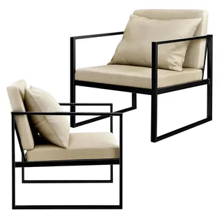 Esszimmersessel im 2er-Set mit Rückenkissen, Relaxsessel, Polstersessel, Eisengestell, 70x60x60cm, Sandfarben - Beige