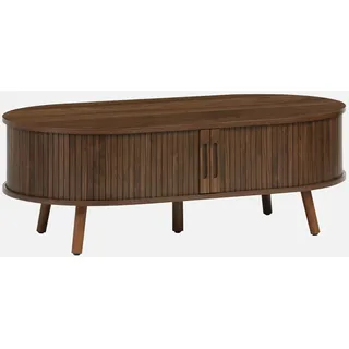 sweeek - Skandinavischer Couchtisch mit geriffeltm Holzlook und 2 Schiebetüren - Nussbaumfarben