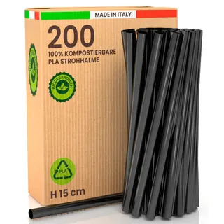 200 ökologische 100% starre Bioplastik Jumbo Strohhalme 15cm x 8mm biologisch abbaubar kompostierbar und wiederverwendbar Made in Italy - Ideal für Getränke Cocktails Events und Partys - Farbe Schwarz