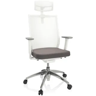 hjh OFFICE 657632 Bürostuhl ergonomisch Aspen White PRO Schreibtischstuhl mit Verstellbarer Kopfstütze, Netzrücken, Stoff Grau/Weiß