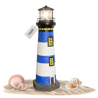 NATIV LEMODO Gartendeko Leuchtturm 83cm hoch | Handbemalte Gartenfigur mit solarbetriebenem, rotierendem Leuchtfeuer | Maritime Außendeko mit LED Beleuchtung