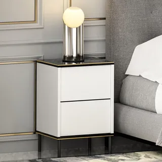 Hanah Home Elegant Nightstand, White & Black with Gold Accents, 40 x 60 x 35 cm | 100% Melamine Coated Particle Board, 18 mm Thick | Stylish Storage for Modern Bedrooms