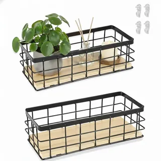 Drahtkorb,Metallkorb,Dekokörbe Haushalt Wandkorb Metall Badezimmer Aufbewahrungskorb Korb Metall Abnehmbarer Holzsockel für Obst Snacks Küche Speisekammer(2 Stück),Schwarz