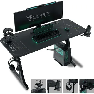 SENSE7 Nomad Cybernetic Gaming Tisch Schreibtisch 140x60 cm XXL - Mauspad Computertisch PC Tisch Gamer Desk Zocker Tisch Kabelmanagement Headsethalter - Schwarz