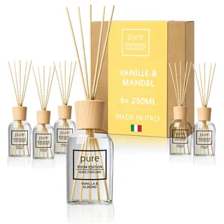 PURE ROOM EDITION 6X 250ml Vanille & Mandel Raumduft SparBox | natürliche Inhaltsstoffe, vegan & tierversuchsfrei, Bio-Alkohol, Diffuser mit Stäbchen hergestellt in Italien