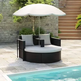 Gartenbett mit Sonnenschirm Sonnenliege Rattan für 2 Personen Gartenliege mit Dach Auflage Kissen Sonneninsel Doppelliege Sonnenbett Loungebett für Garten Terrasse Braun - Braun