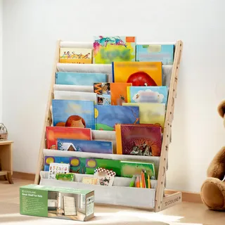 COSYLAND Bücherregal Kinder mit 6 Oxford-Stoff Fächern - Kinderbücherregal aus Naturholz - Bücherregal Kinderzimmer mit abgerundeten Ecken & platzsparend 63L x 30B x 76H cm(Naturholzfarbe
