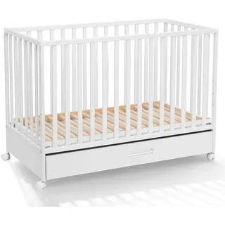 ATB MEBLE Babybett mit Schublade und Matratze , LUX KOLLEKTION , Beistellbett Baby , Kinderbett mit Rädern, drei Ebenen der Matratzenhöhe 120 x 60 cm , Weiß - Weiß