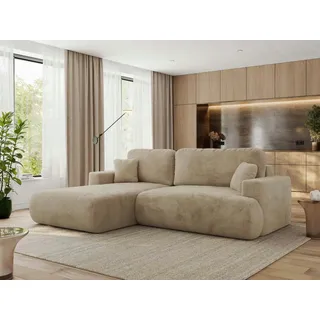 MKS Meble Ecksofa OVO mit Schlaffunktion und Bettkasten, Beige Plüsch, L-form Couch, 4-Sitzer Ecksofa, 271x195x95 cm - Links Seite - Beige