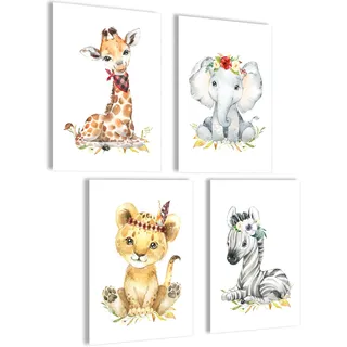 mojoliving Bilder Kinderzimmer jungen Baby Zimmer Poster Set Wandbilder Kinderzimmer mädchen Babyzimmer Deko Bilder Zimmer Dekoration (Set Giraffe, Elefant, Baby Löwe, Zebra)