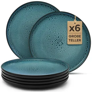Twinzee Geschirrset 6-teilig aus Steinzeug - Teller Set 6 Teller groß Azur für 6 Personen - Mikrowellen - Riviera Kollektion