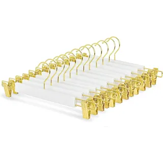 Amber Home 10 Stück 36cm Weiß Kleiderbügel aus Holz, Robust und Glänzend Hosenbügel Aufhänger für Hosen Shorts Rock Socken Unterwäsche, mit rutschfest Clips und Drehbar Haken (Gold 10)