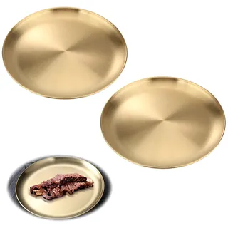 Ltsbaed Runde Teller aus Edelstahl, dekorativ, goldfarben, rund, Serviertablett aus Edelstahl, Präsentationsplatte, runde Teller, Camping, Kuchen, für Küche, Präsentation, 2 Stück (23 cm)