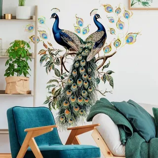 WandSticker4U®- Edeles Wandtattoo PFAU mit goldenen Konturen (102x96 cm) I Wanddeko exotisches Tier Vögel Pfauen groß Aufkleber I Wandsticker Wohnzimmer Schlafzimmer Erwachsene Flur XXL