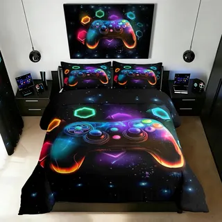 Homewish Gamer Bettwäsche Gaming 200x200 Kinder,Farbe Videospiel Gamepad Bettwäsche-Set für Jungen Jugendliche Spiele-Enthusiast,Bunte Geometrisches Wabe Sternenhimmel Bettbezug Schlafzimmer Dekor