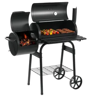 LEHMANN Holzkohlegrill & Smoker Grill 2-in-1, BBQ Grill mit Deckel, integriertem Thermometer und hitzebeständigem Griff, fahrbarer Grillwagen mit Rädern, 2-Kammern Standgrill für Garten, Schwarz