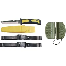 blntackle76 Tauchermesser gelb/schwarz mit Beinholster, Sägerücken und Reißklinge + gratis Messerschärfer