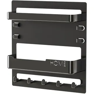 munloo Schlüsselbrett mit Ablage, 5 Haken, ohne Bohren, Schwarz | PS-Schlüsselbrett für die Wand mit Ablage und 5 Haken; ohne Bohren, 23 × 24 cm, für Schlüssel, Telefon und Fernbedienung.