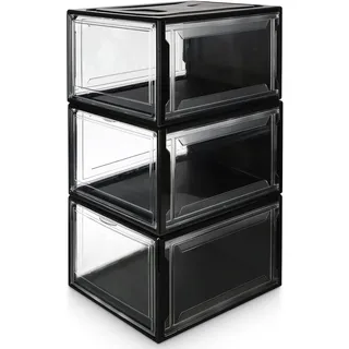 Yorbay Schuhbox, 3er Set, stapelbarer Schuhorganizer, Kunststoffbox mit durchsichtiger Tür, Schuhaufbewahrung, für Schuhe bis Größe 48, Super transparent schwarz