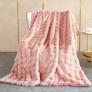 Kuscheldecke Kaninchen Plüsch Decke Super Soft Wohndecke Dick 1000 G/M2 Flanell Decke Couchdecke Warme Überwurfdecke Sofadecke Vielseitig Blanket Für Bett Sofa Schlafzimmer Büro Rosa 130 x 160cm
