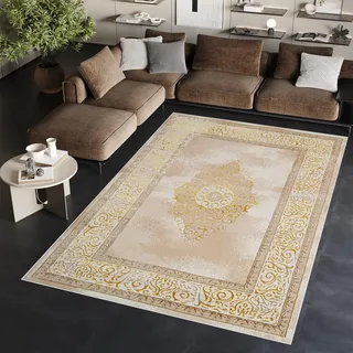 TAPISO Ares Teppich Kurzflor Glänzend Beige Creme Blumen 200 x 300 cm | Bordüre Barock Klassisch 3D Effekt Wohnzimmer Schlafzimmer OEKO-TEX