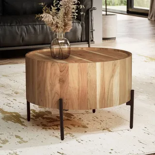 FineBuy Couchtisch Akazie Massivholz rund 60 cm · Wohnzimmertisch in Trommelform mit schwarzen Metallfüßen · Handgefertigter Industrial Design Tisch - Braun