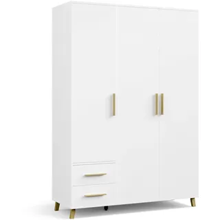Rauch Kleiderschrank, Garderobe für Schlafzimmer, Kinderzimmer, Babyzimmer, 3-türig, 2 Schubladen mit Griffen und Füßen aus Massivholz Farbe weiß 140x203x53cm