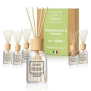 PURE ROOM EDITION 6X 100ml Zitronengras & Geranie Raumduft SparBox | natürliche Inhaltsstoffe, vegan & tierversuchsfrei, Bio-Alkohol, Diffuser mit Stäbchen hergestellt in Italien