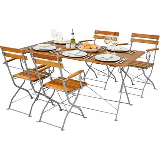 Biergarten Set Klapptisch + 4 Klappstühle Armlehne Akazie 120x70cm - Grau, Braun